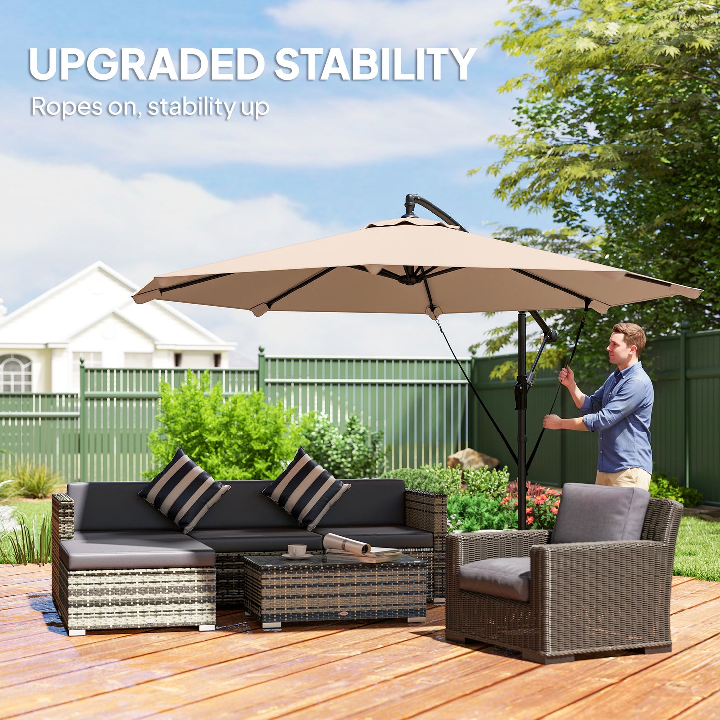 Outsunny 3 m Cantilever Parasol with Protective Cover and Wind Ropes, Banana Parasol with Crank Handle, Khaki