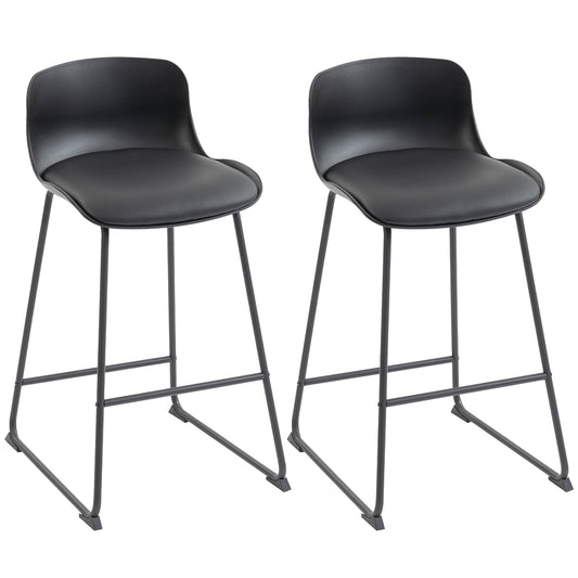 HOMCOM Modern Bar Stools Set of 2, PU Leather Barstools, Counter Height Kitchen Chairs for Breakfast Bars, Dining Room, Black