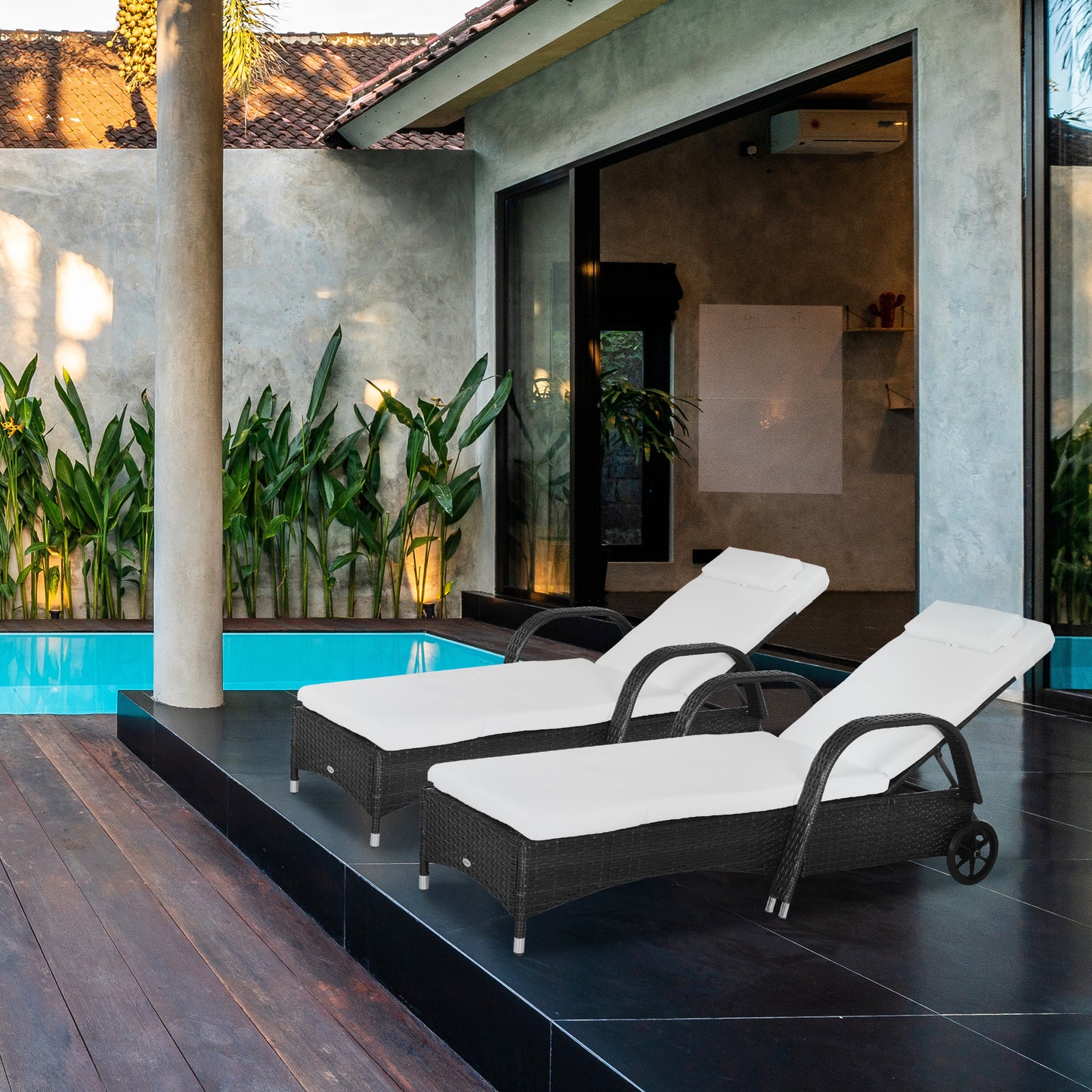 Outsunny Rattan Sun Lounger Set, Adjustable Recliner with Fire Retardant Cushion for Patio/Garden – Black