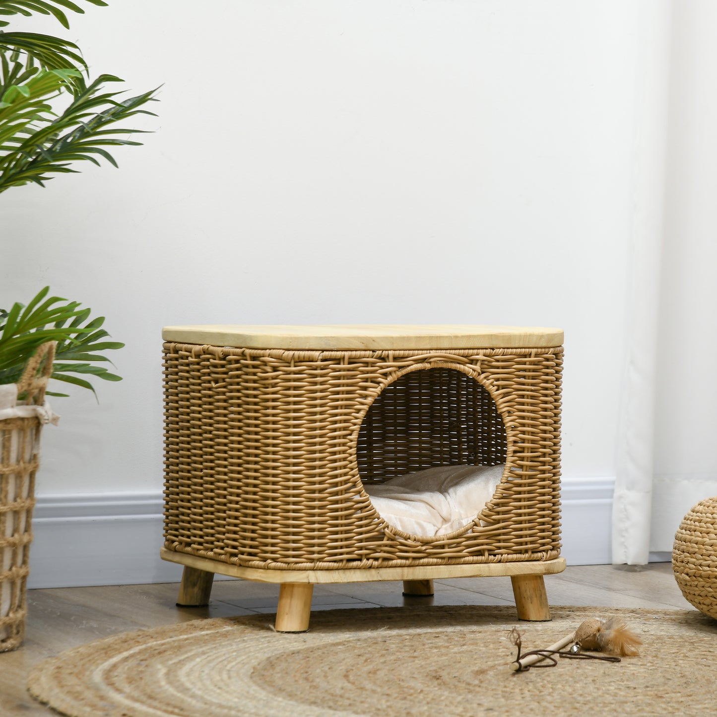 PawHut Elevated Design Wicker Cat House with Washable Cushion, Light Brown