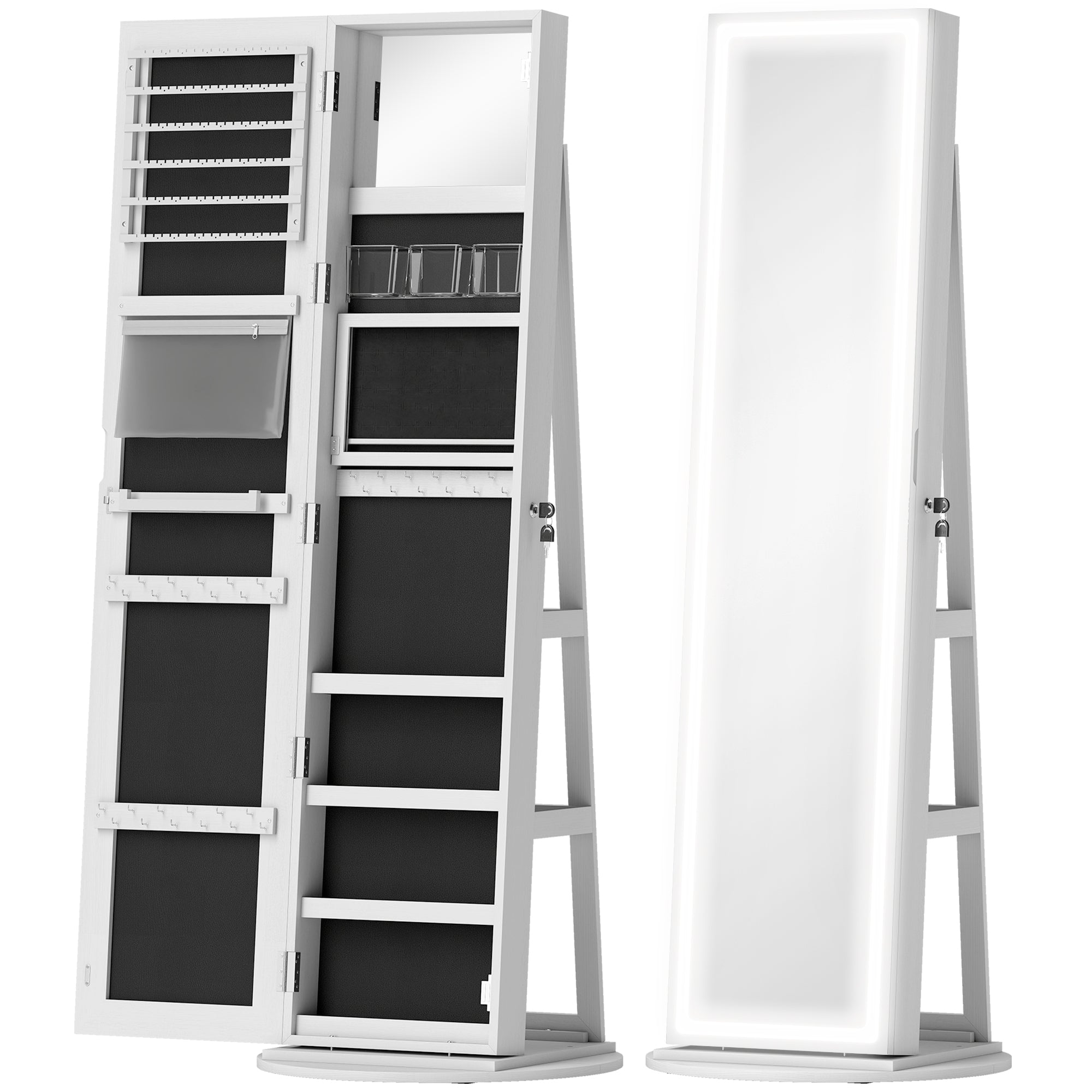 HOMCOM Lockable 360° Swivel Jewellery Cabinet with LED Lights, Full-Le ...