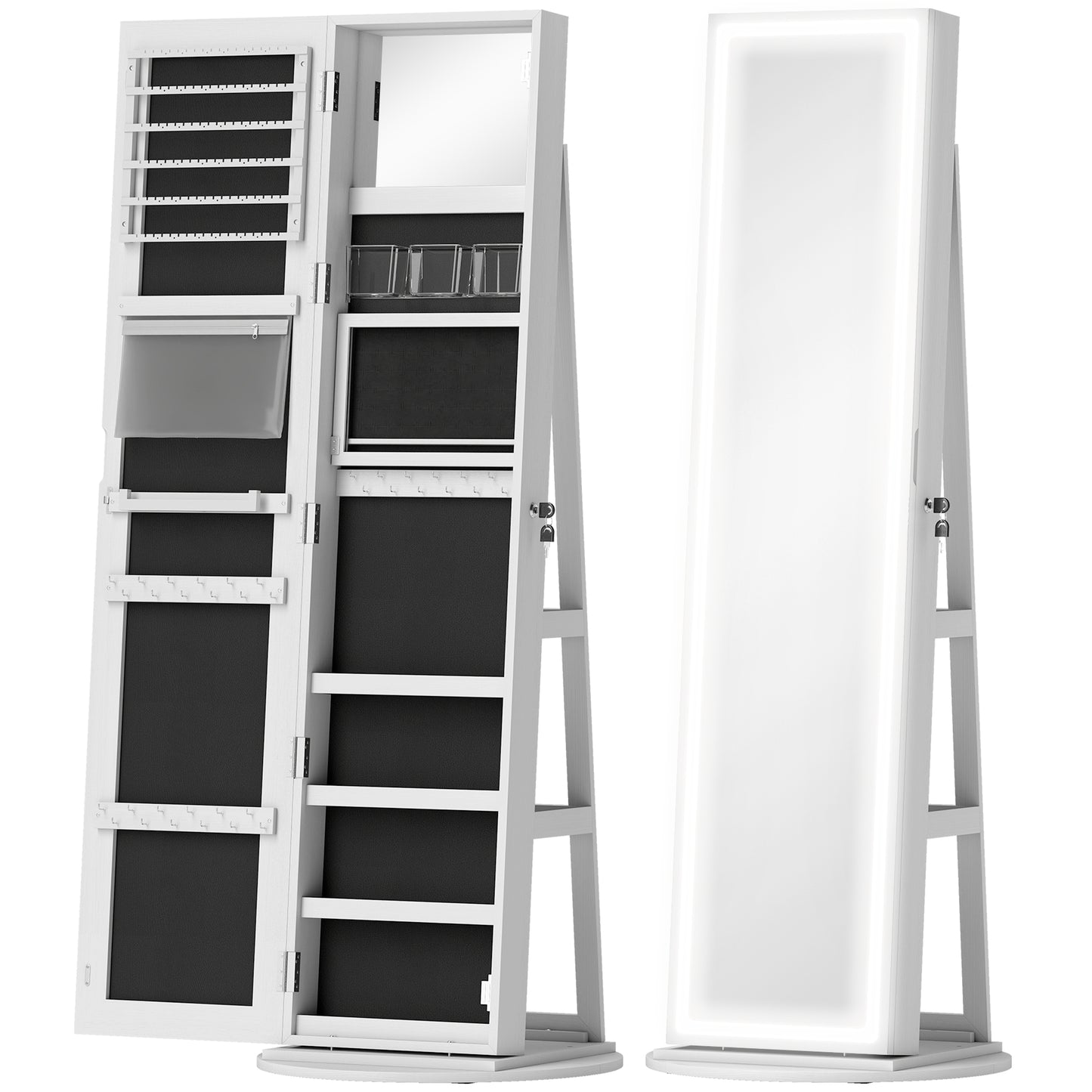 HOMCOM Lockable 360° Swivel Jewellery Cabinet with LED Lights, Full-Length Mirror & Storage for Accessories, Free Standing, White