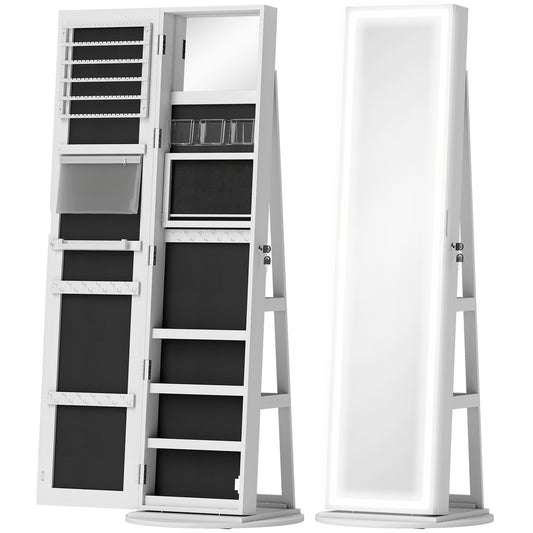 HOMCOM Lockable 360° Swivel Jewellery Cabinet with LED Lights, Full-Length Mirror & Storage for Accessories, Free Standing, White