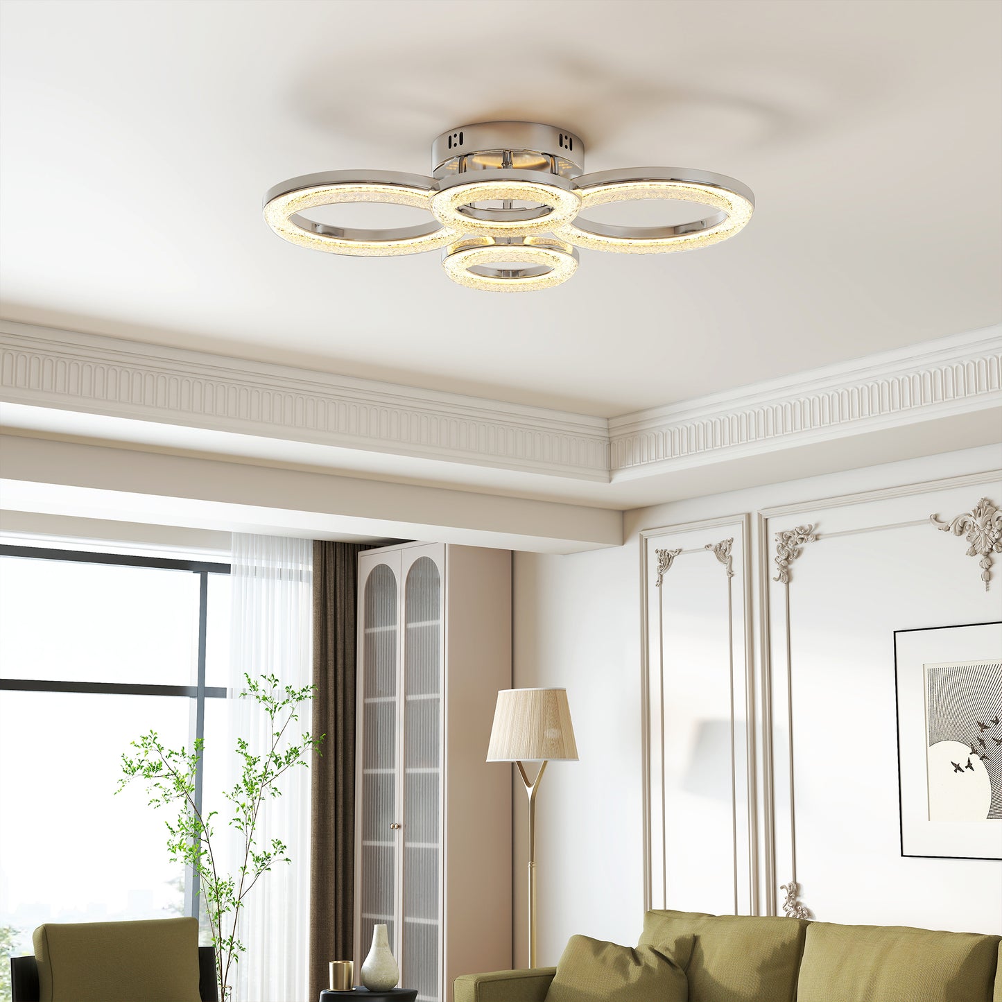 HOMCOM LED Ceiling Light, Modern 4 Rings Lamp, 40W 4350lm Flush Mount with 3500K/4500K/6000K Temps for Living Room, Bedroom, Silver Tone