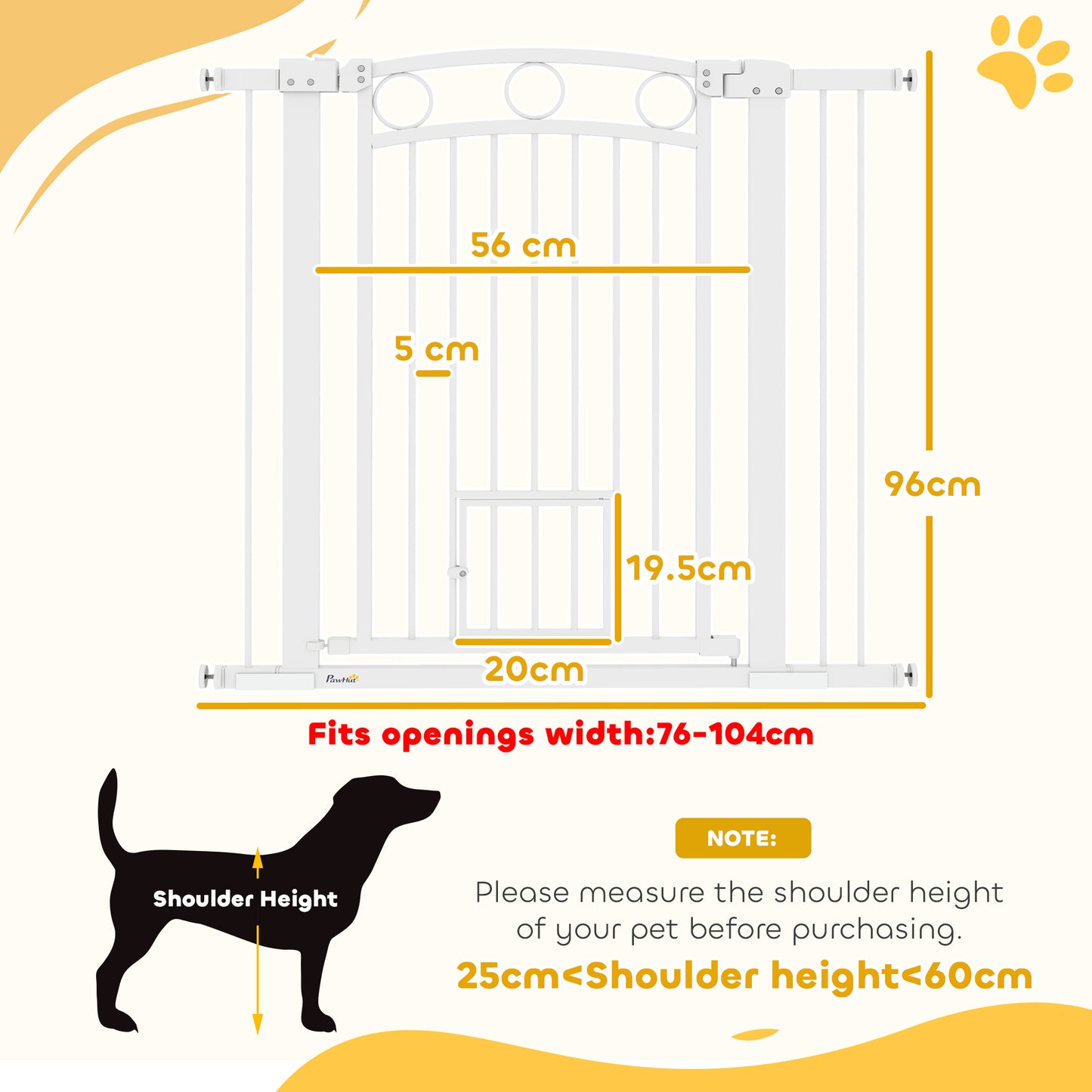 PawHut 96cm Tall Dog Gate with Cat Door, 7cm and 14cm Extensions, for Stairs & Doorways, 76-104cm Width