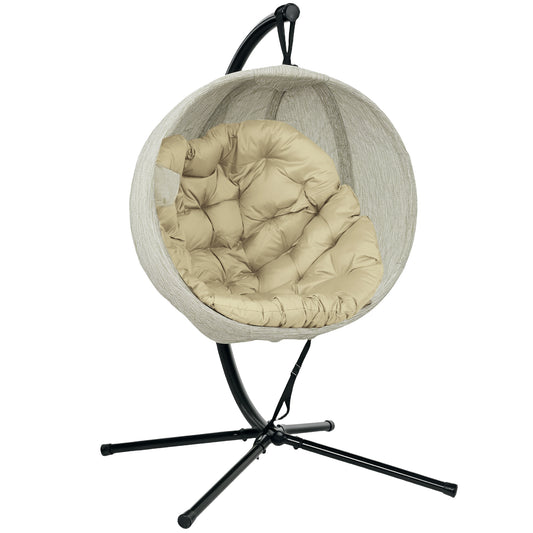 Outsunny Hanging Egg Chair: Indoor/Outdoor Swing with Stand, Cushion, Cup Holder for Patio/Balcony, Khaki