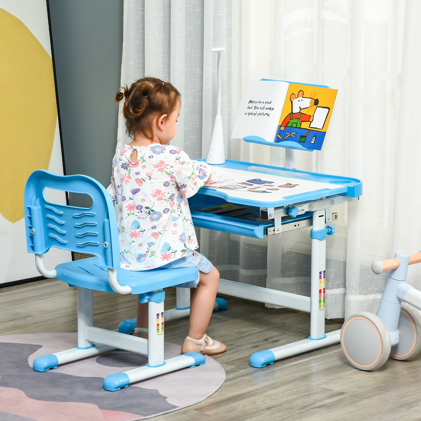 HOMCOM Kids Study Desk and Chair Set w/ Adjustable Height, Storage Drawer - Blue