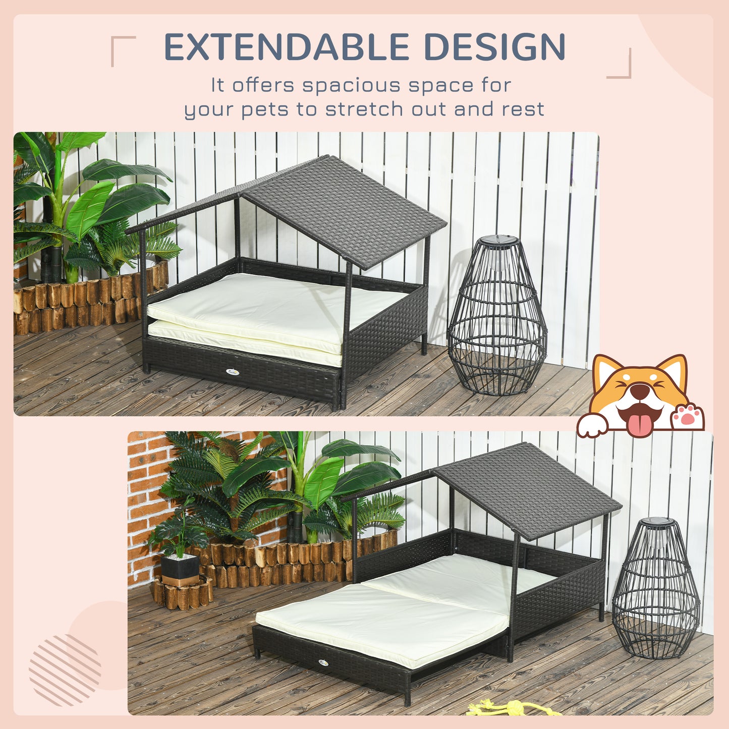 PawHut Extendable Elevated Dog Bed Rattan Dog House with Water-Resistant Roof Removable Cushion for Small Medium Dogs