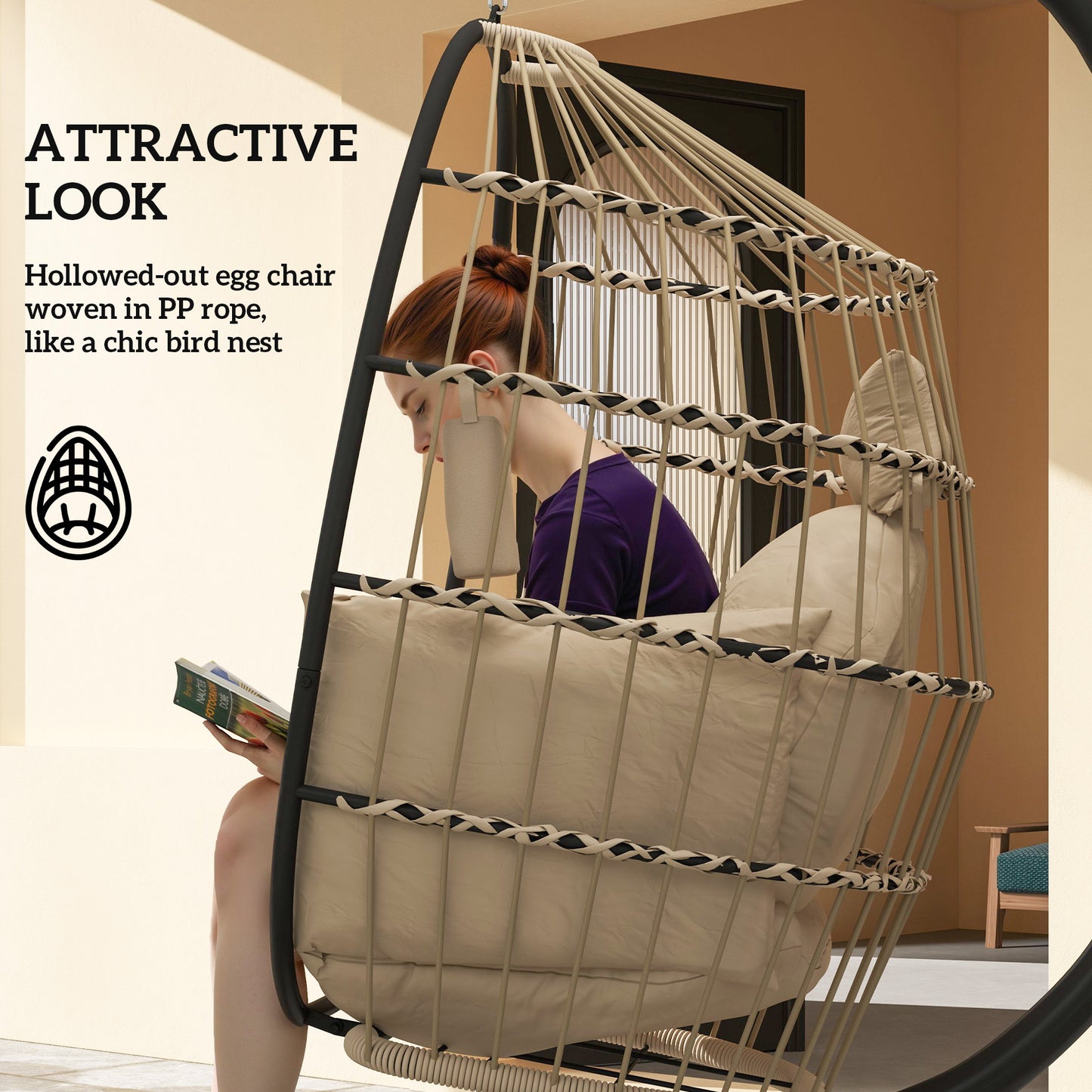 Outsunny Hanging Egg Chair with Stand, Cushion, Headrest & Cup Holder for Garden, Patio, Balcony, Khaki