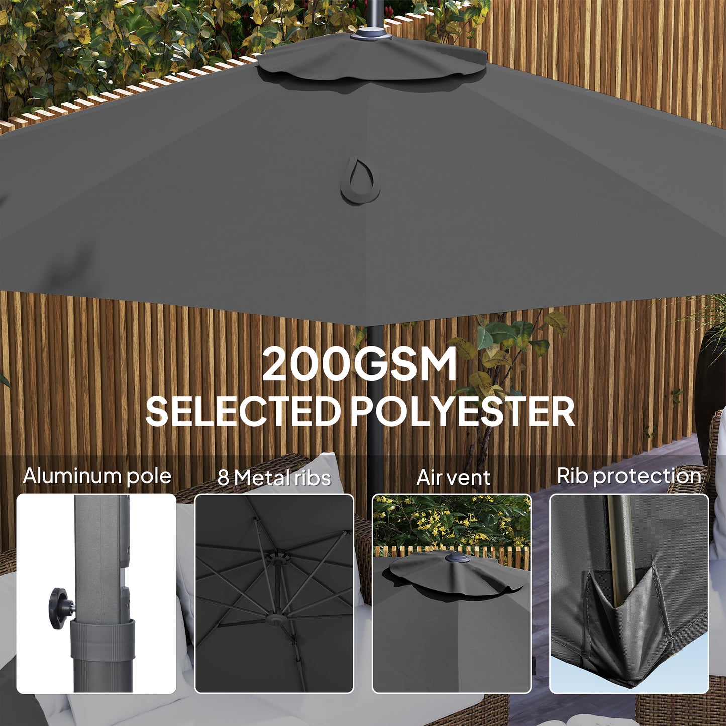 Outsunny 3 x 3(m) Cantilever Parasol with Cross Base, Garden Umbrella with 360° Rotation, Crank Handle and Tilt for Outdoor, Black
