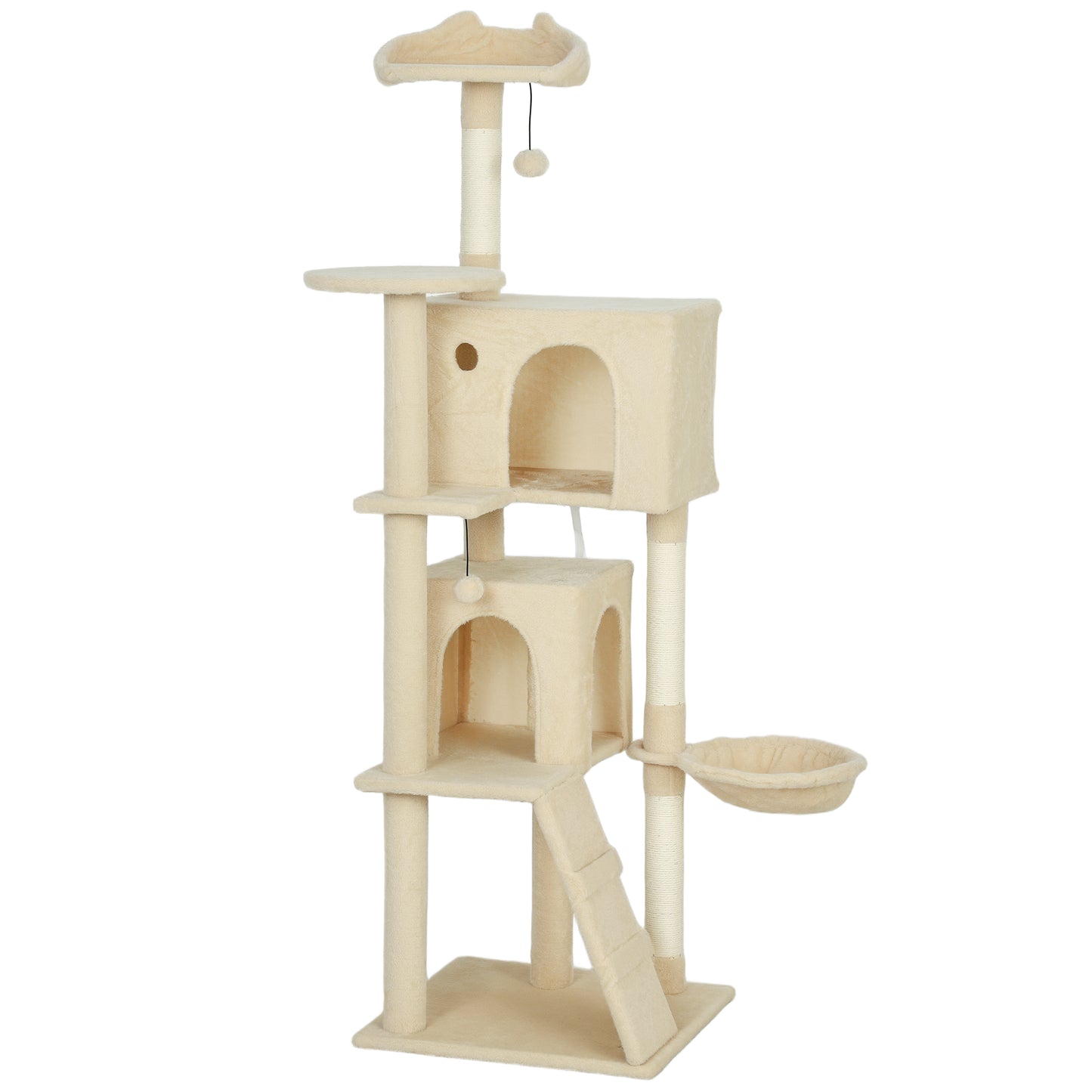 PawHut 160cm Large Cat Tree Tower with Sisal Scratching Posts, Condos, Plush Perches, Hammock, Ladder, Beige