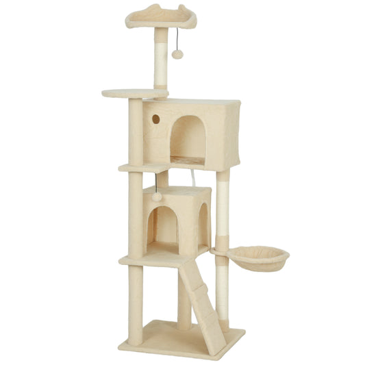 PawHut 160cm Large Cat Tree Tower with Sisal Scratching Posts, Condos, Plush Perches, Hammock, Ladder, Beige