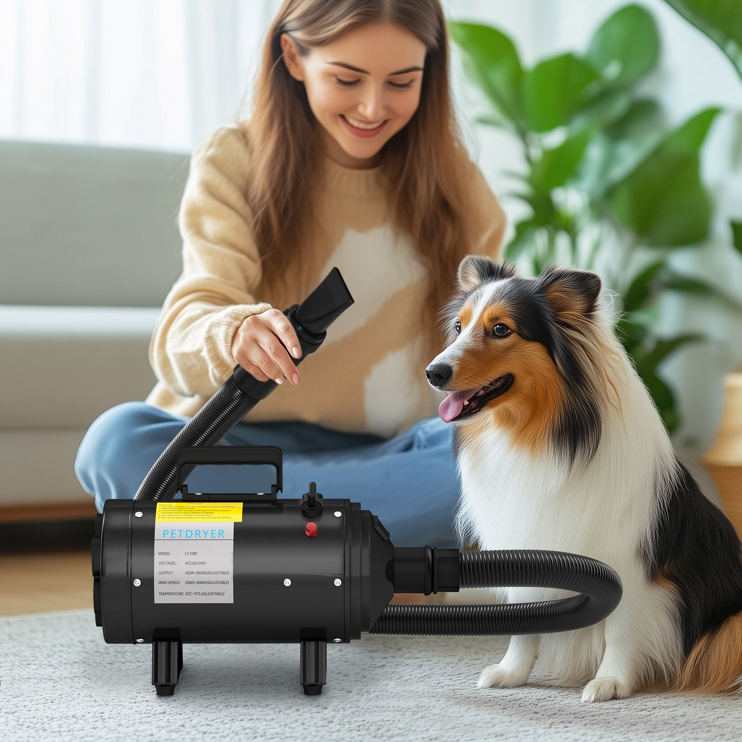 PawHut 2200W Dog Hair Dryer with Adjustable Temperature & Velocity, 3 Different Nozzles, Black