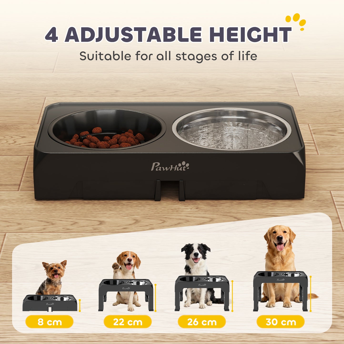 PawHut Raised Dog Bowl, Foldable Elevated Dog bowls with Slow Feeder, 4 Adjustable Heights, for Small Medium Large Breeds