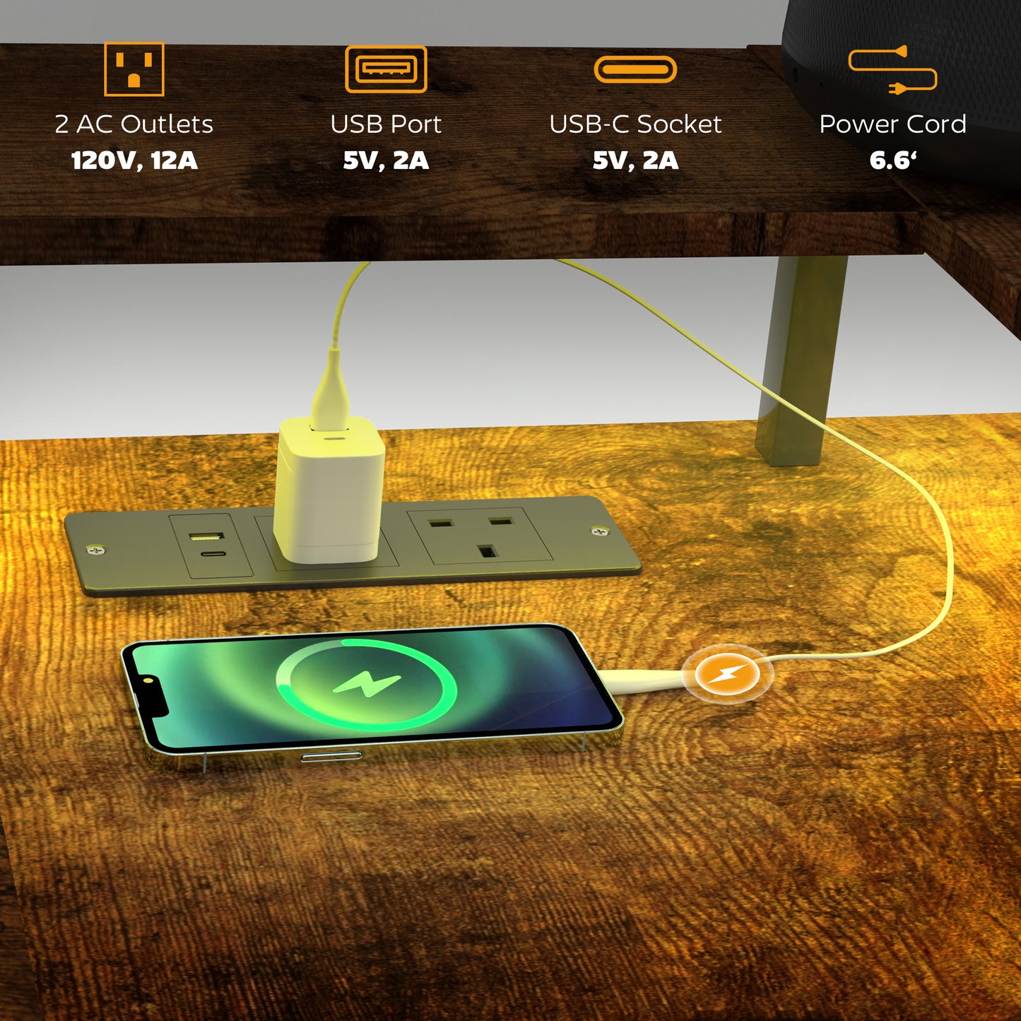 HOMCOM L Shaped Gaming Desk with LED Lights and Power Outlets, Rustic Brown