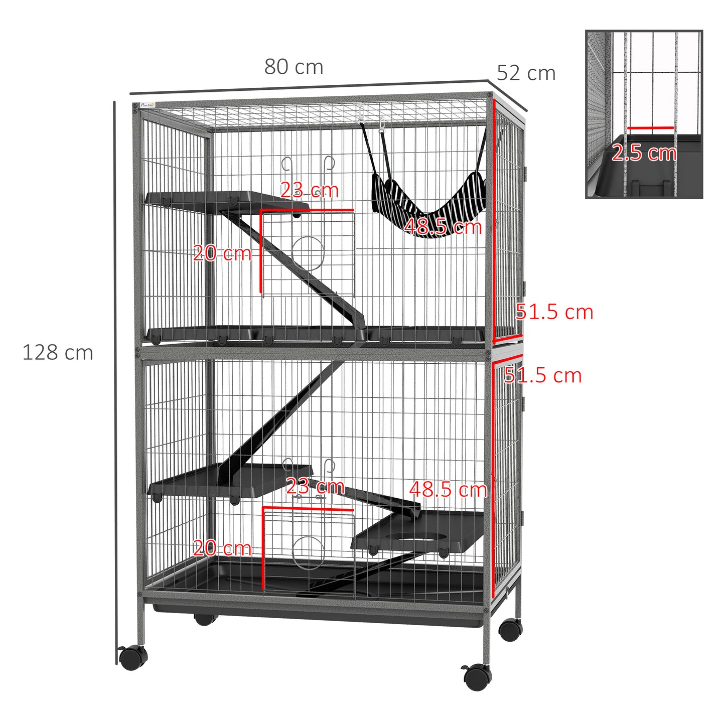 PawHut Small Animal Cage for Chinchilla Ferret Kitten on Wheels with Hammock Removable Tray Silver Grey