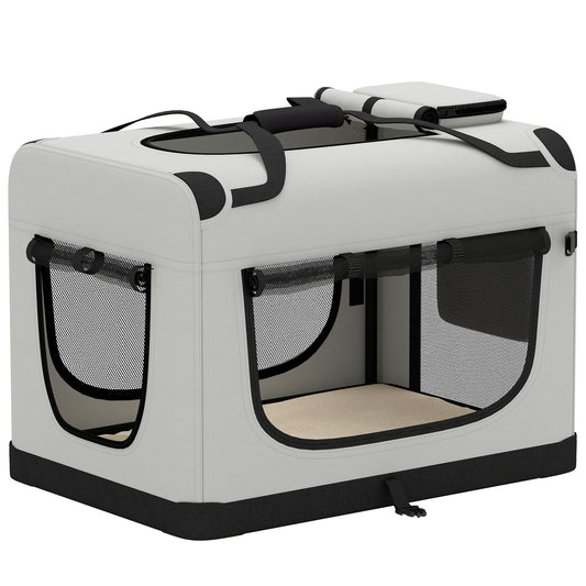 PawHut Pet Carrier Bag, Soft-Sided Dog Carrier with Security Buckle Strap, Washable Cushion and Folded Bowl, Light Grey