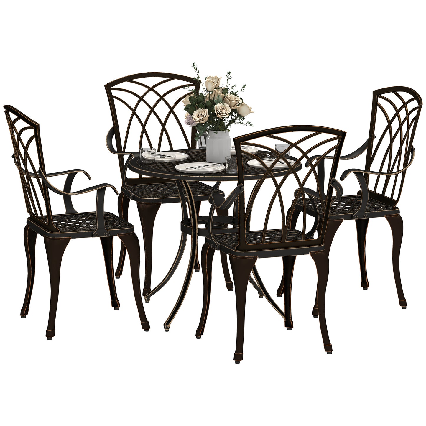 Outsunny 5 Piece Bronze Cast Aluminium Garden Dining Set, 4 Armchairs, Round Table with Parasol Hole