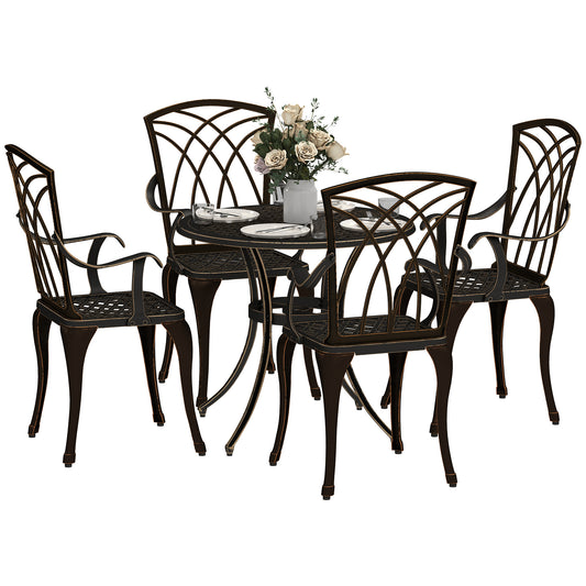Outsunny 5 Piece Bronze Cast Aluminium Garden Dining Set, 4 Armchairs, Round Table with Parasol Hole