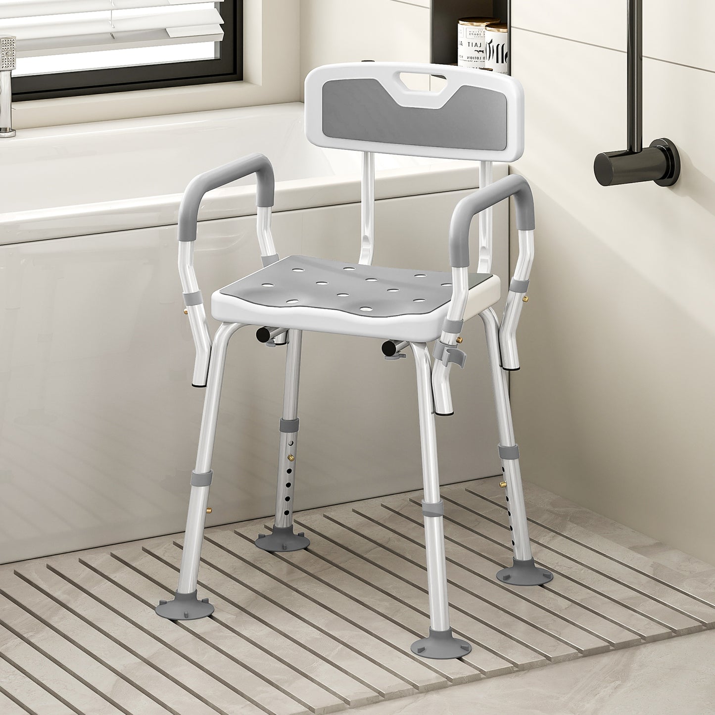 HOMCOM EVA Padded Shower Chair, Height Adjustable with Back & Arms, 4 Suction Foot Pads for Elderly & Disabled, Light Grey