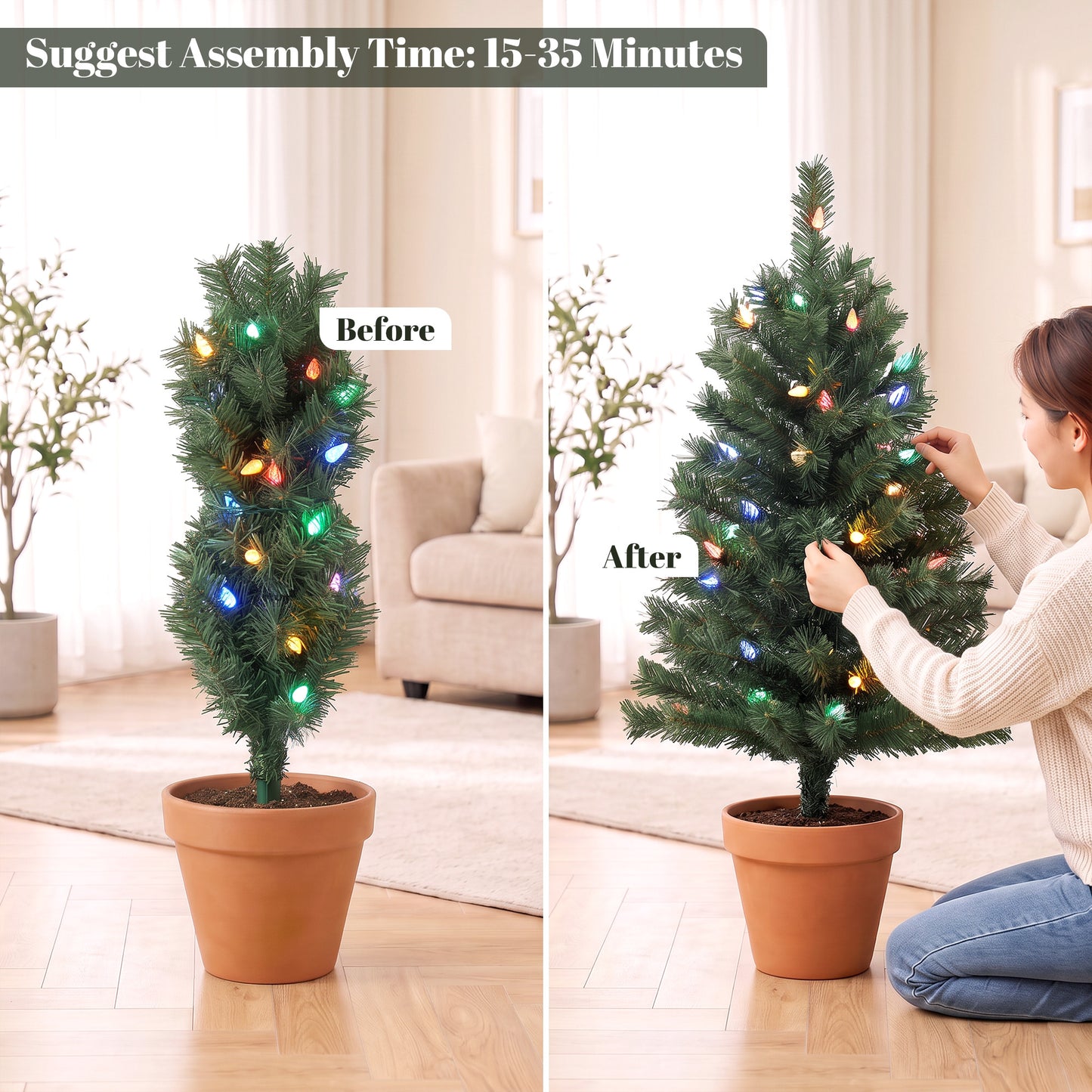 HOMCOM 60 cm Prelit Christmas Tree, 2 Packs Artificial Christmas Trees with 60 Colourful LED Lights, 130 Tips, Green