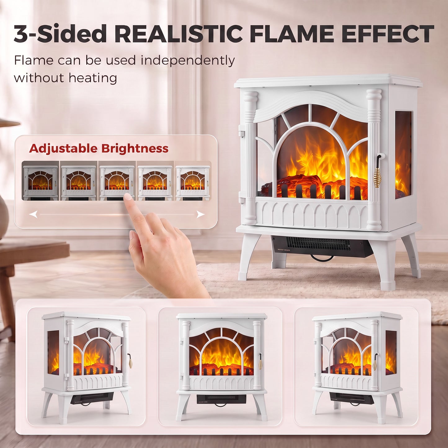 HOMCOM 3-Sided Glass Electric Fire Fan Heater, Electric Fireplace Stove Freestanding Log Burner with Flame Effect, White