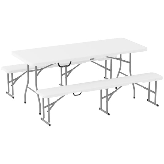 Outsunny 3 Piece 6ft Folding Picnic Table and Bench Set, Portable HDPE with Carry Handles for Indoor/Outdoor Dining, Camping, BBQ, White