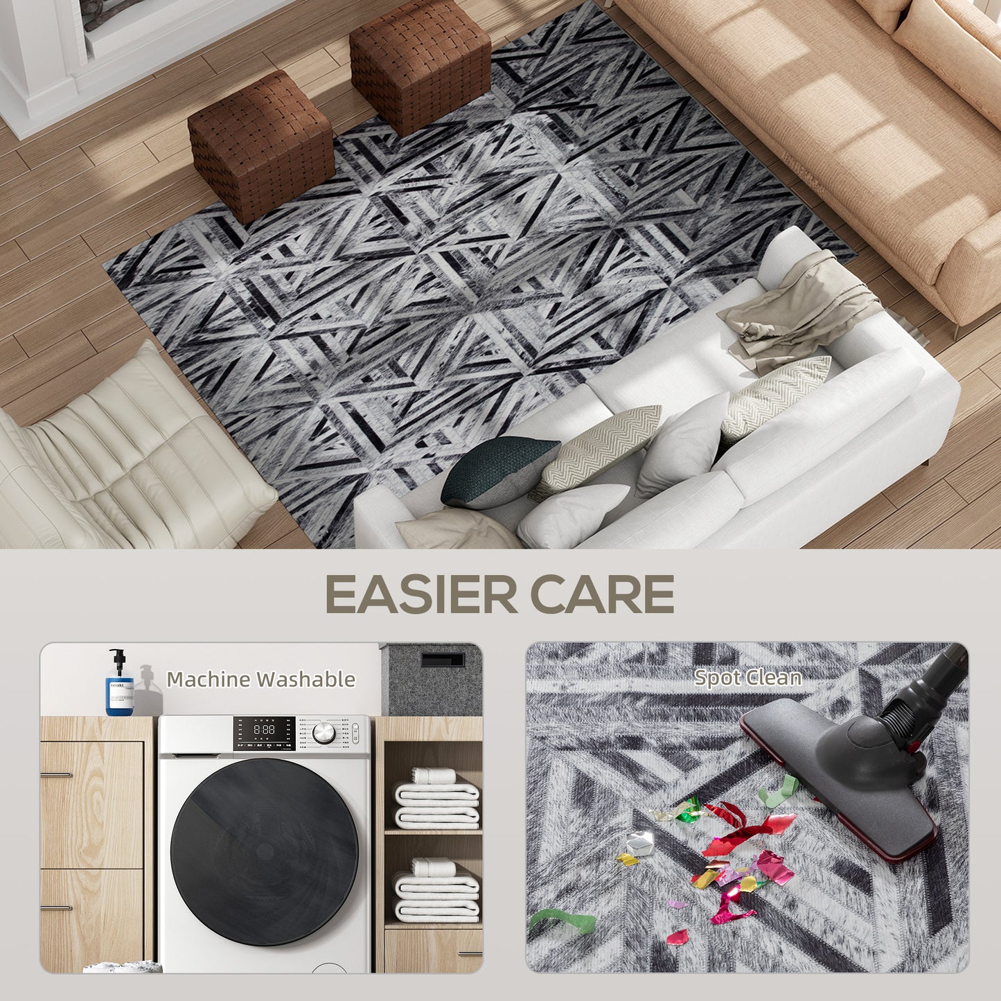 HOMCOM Modern Area Rug, Triangle Pattern Non-Slip Washable Chenille Floor Carpet, 230 x 160 cm, Black