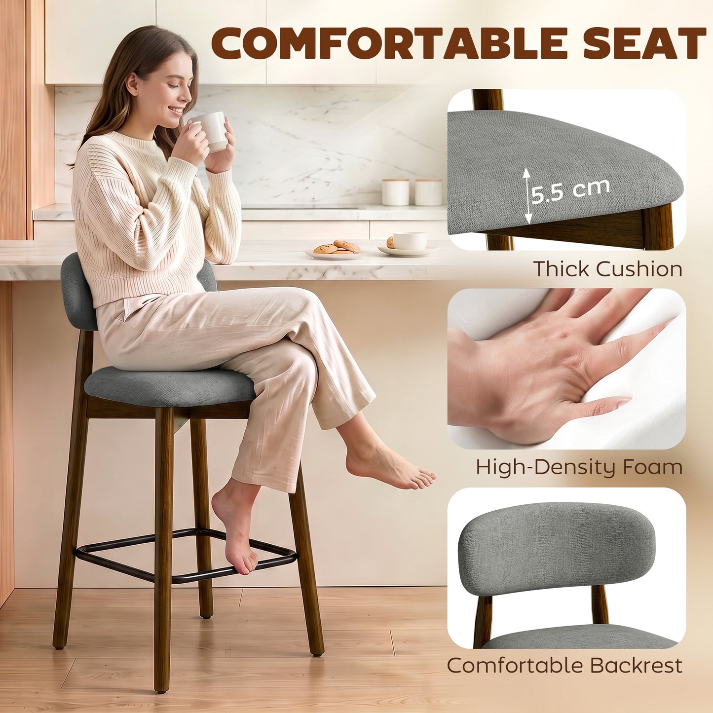 HOMCOM Bar Stools Curved Open Back Padded Seat Footrest Set of 2 for Kitchen Grey