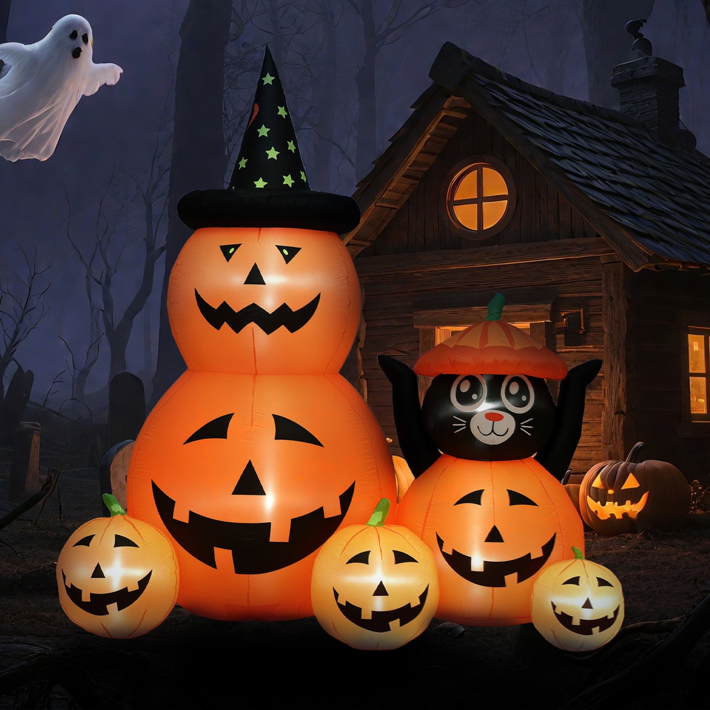 Outsunny Halloween Inflatable 180 cm Pumpkin and Cat with LED Lights, Self-Inflating Outdoor Decoration for Garden Party, Orange and Black