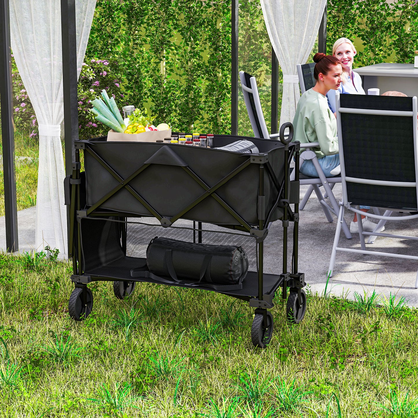 Outsunny Double Decker Folding Trolley, 200KG 350L Collapsible Wagon Cart, 134cm Extendable for Camping, Sports, Beach, Black