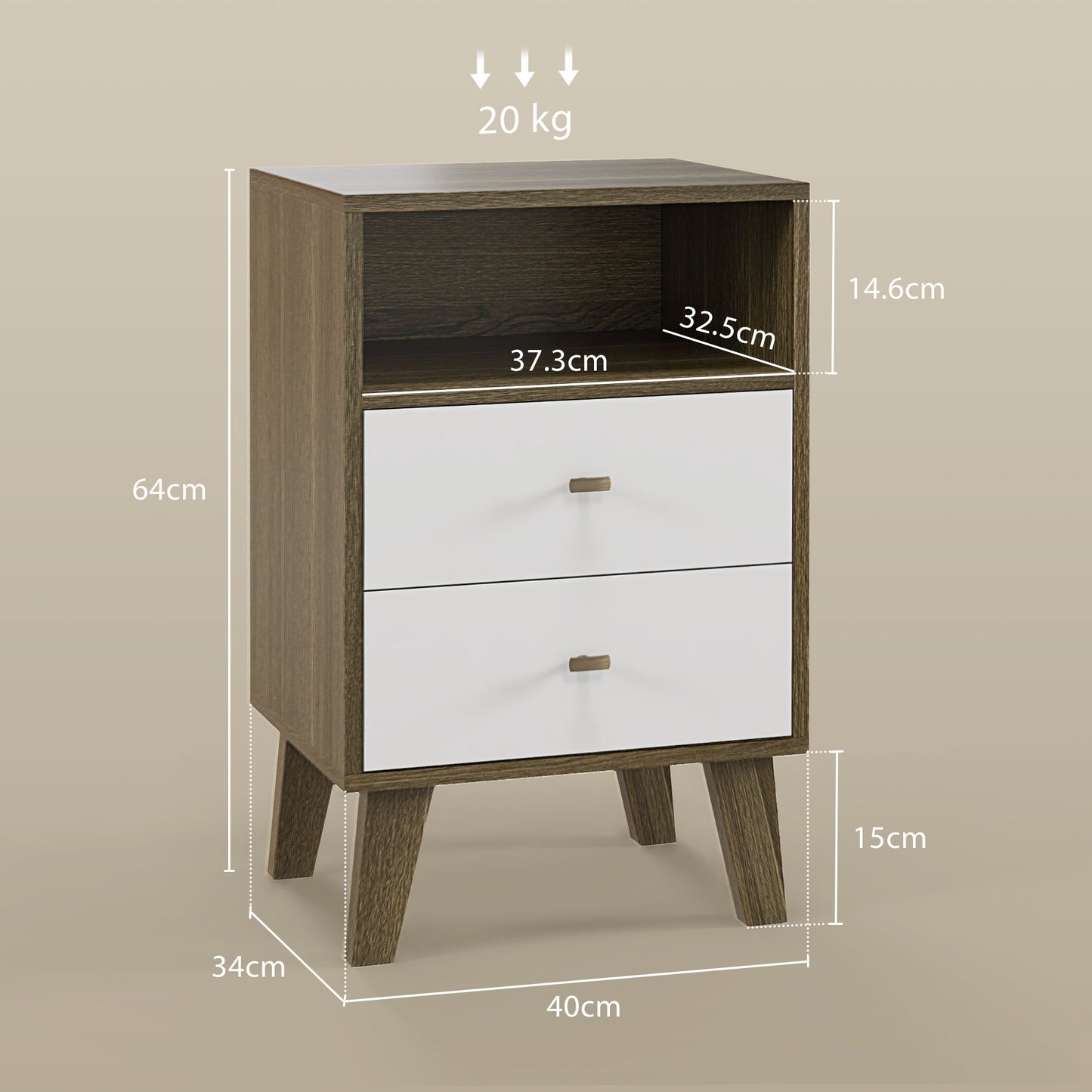HOMCOM Industrial-Scandinavian Mix Bedside Table, with Drawers and Shelf