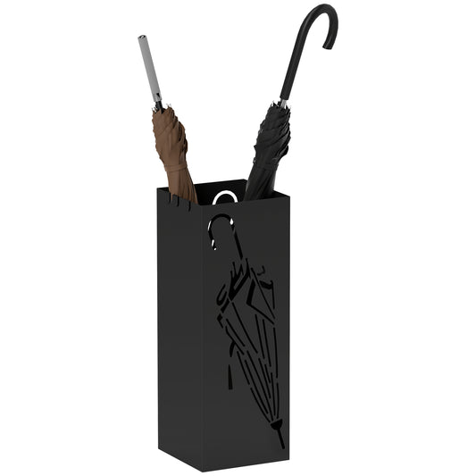 HOMCOM Metal Umbrella Stand, Square Holder with 4 Hooks and Removable Drip Tray, Decorative Storage Rack for Entryway, 15.5x15.5x41 cm, Black