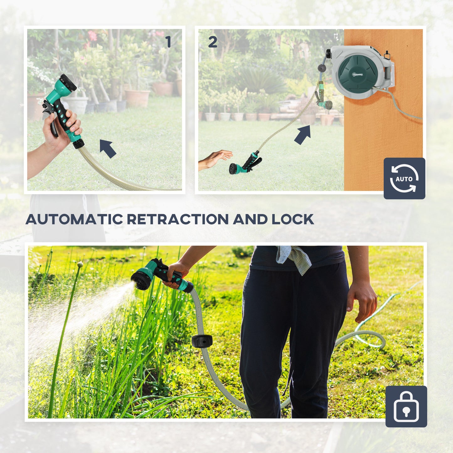 Outsunny Retractable Hose Reel, 20+2m, 7 Spray Nozzles, 180° Swivel, Grey