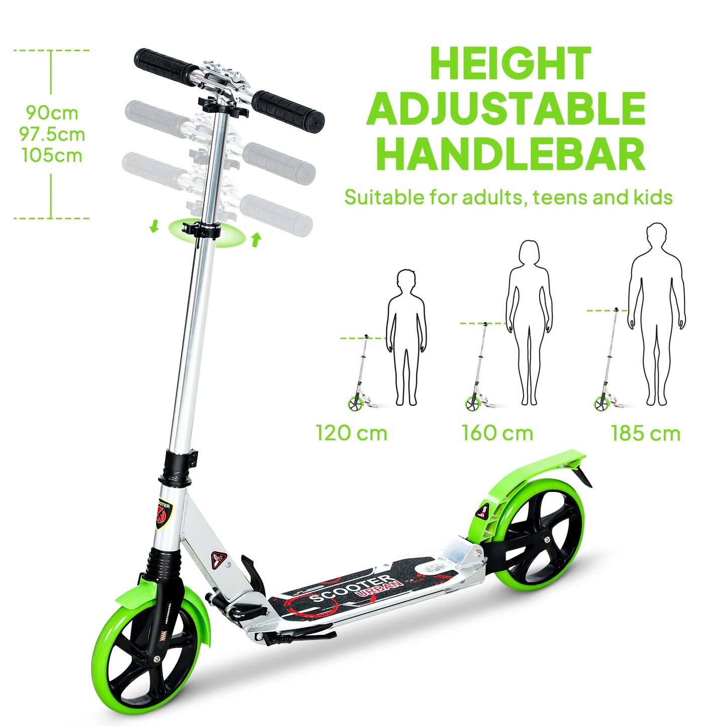HOMCOM Folding Kick Scooter, Adjustable with 200mm Wheels & Double Shock Absorption, for Teens & Adults 14+, Green