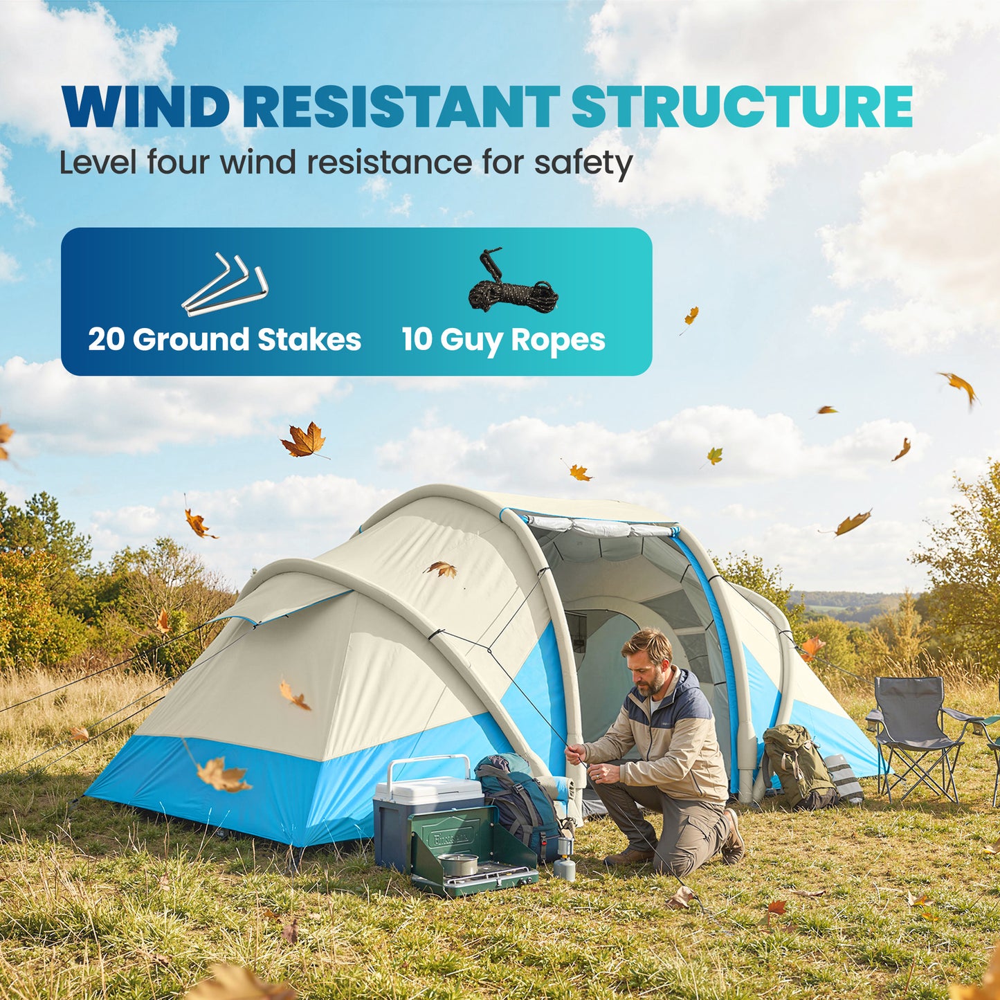 Outsunny Inflatable Tent 2 Bedroom 3000mm Waterproof Windproof Air Tent with Carry Bag for 4 Person