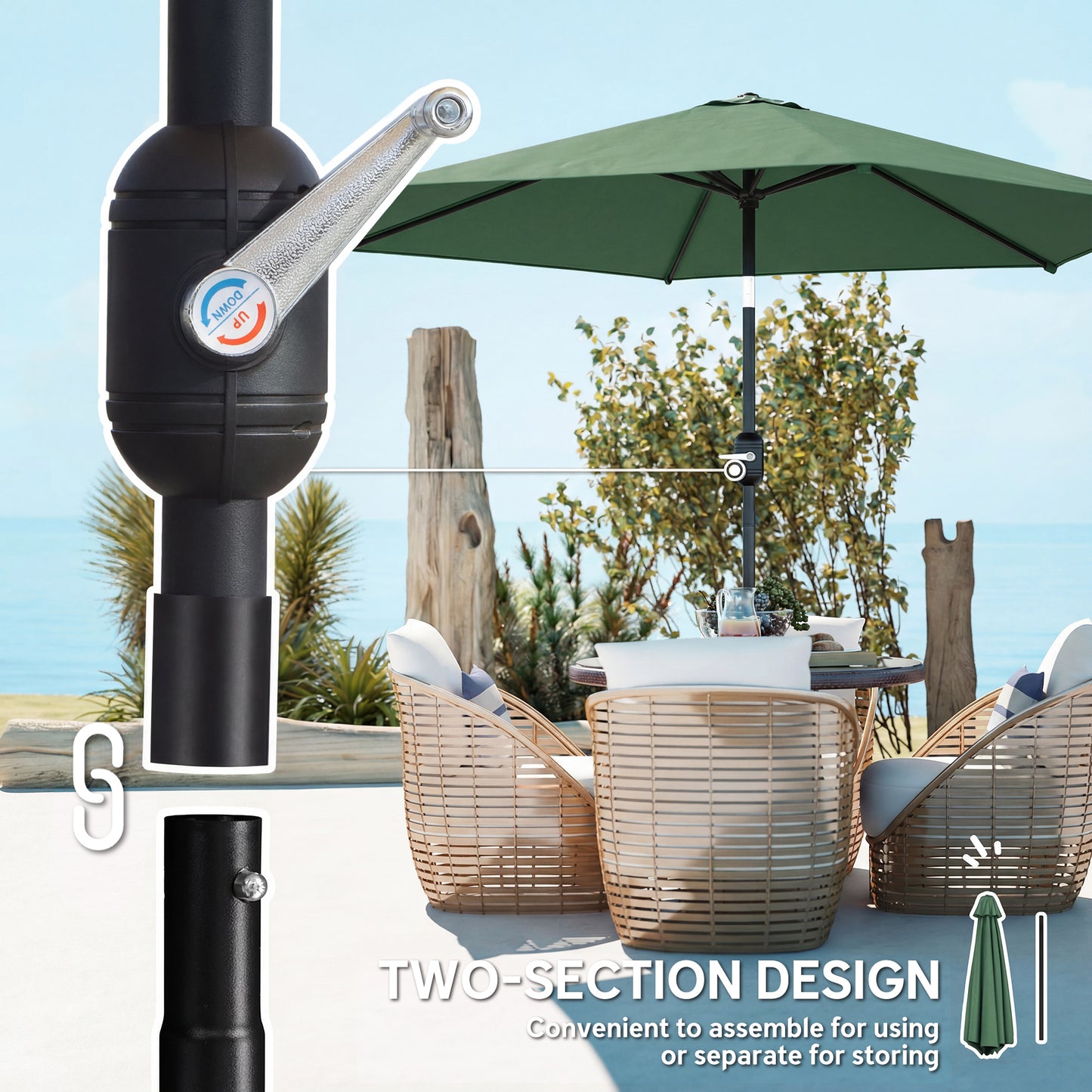 Outsunny 2.6 m Garden Parasol Umbrella with Aluminium Pole, Outdoor Patio Umbrella with Tilt and Crank, Vent, Dark Green