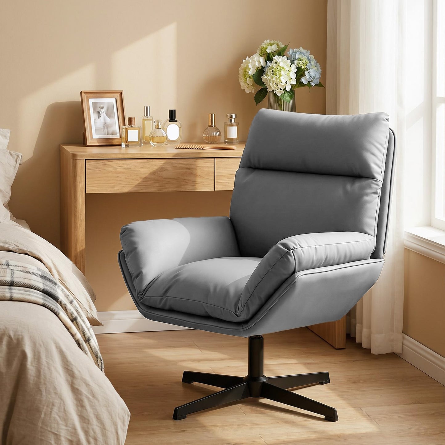 HOMCOM Accent Chair with 360° Swivel Armchair for Living Room with Padded Cushion Dark Brown