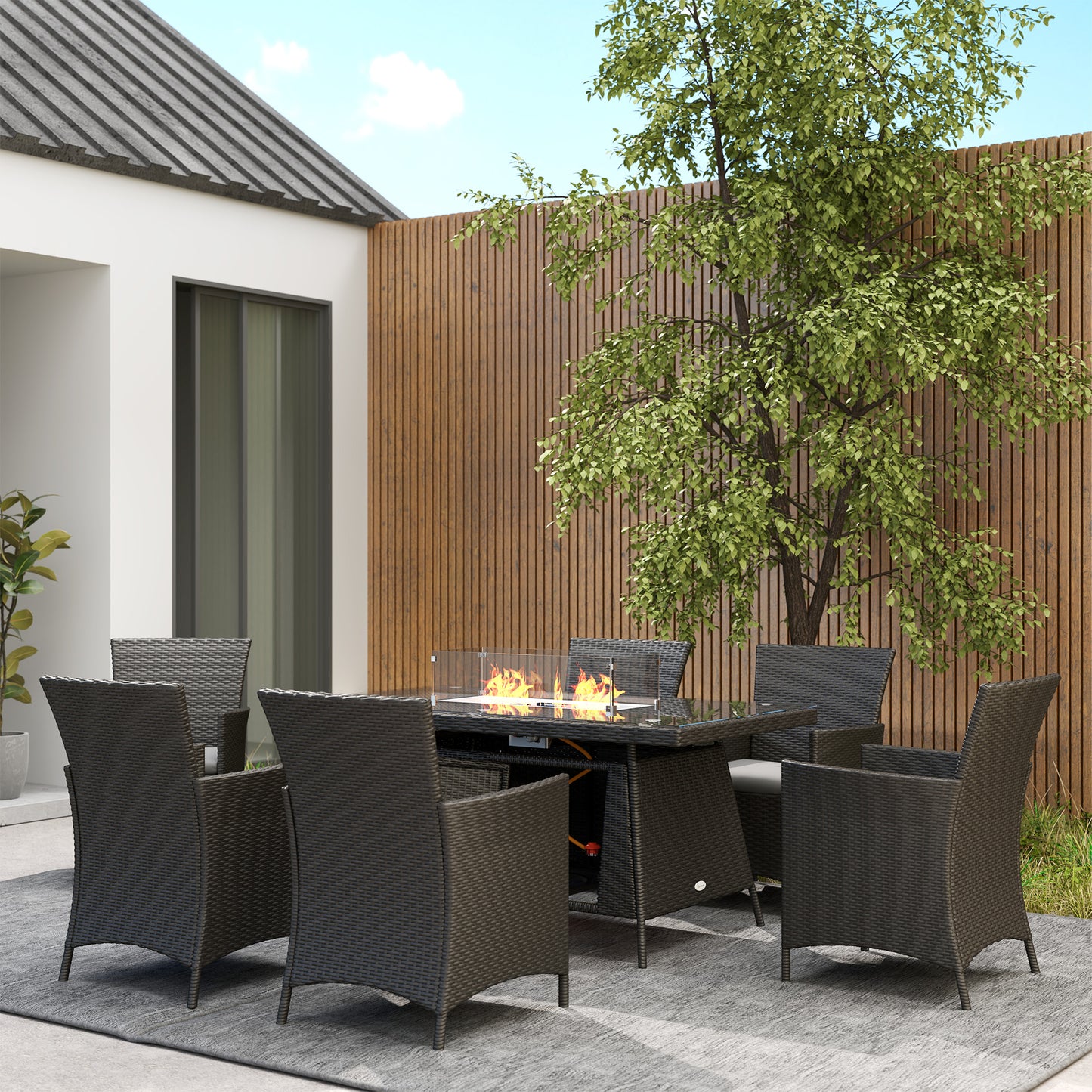 Outsunny 7-Piece Rattan Garden Furniture with Fire Pit Table, 6 Seater Set, Cushions, 50,000 BTU, Black