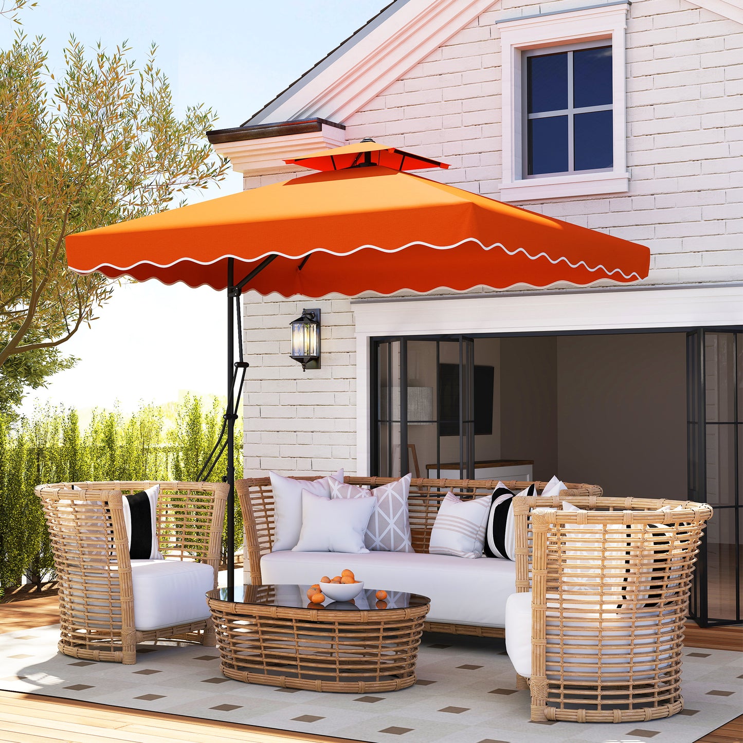 Outsunny 2.5m Cantilever Parasol, Square Double Top Garden Umbrella with Ruffles, Cross Base, Overhanging Sun Shade, Orange