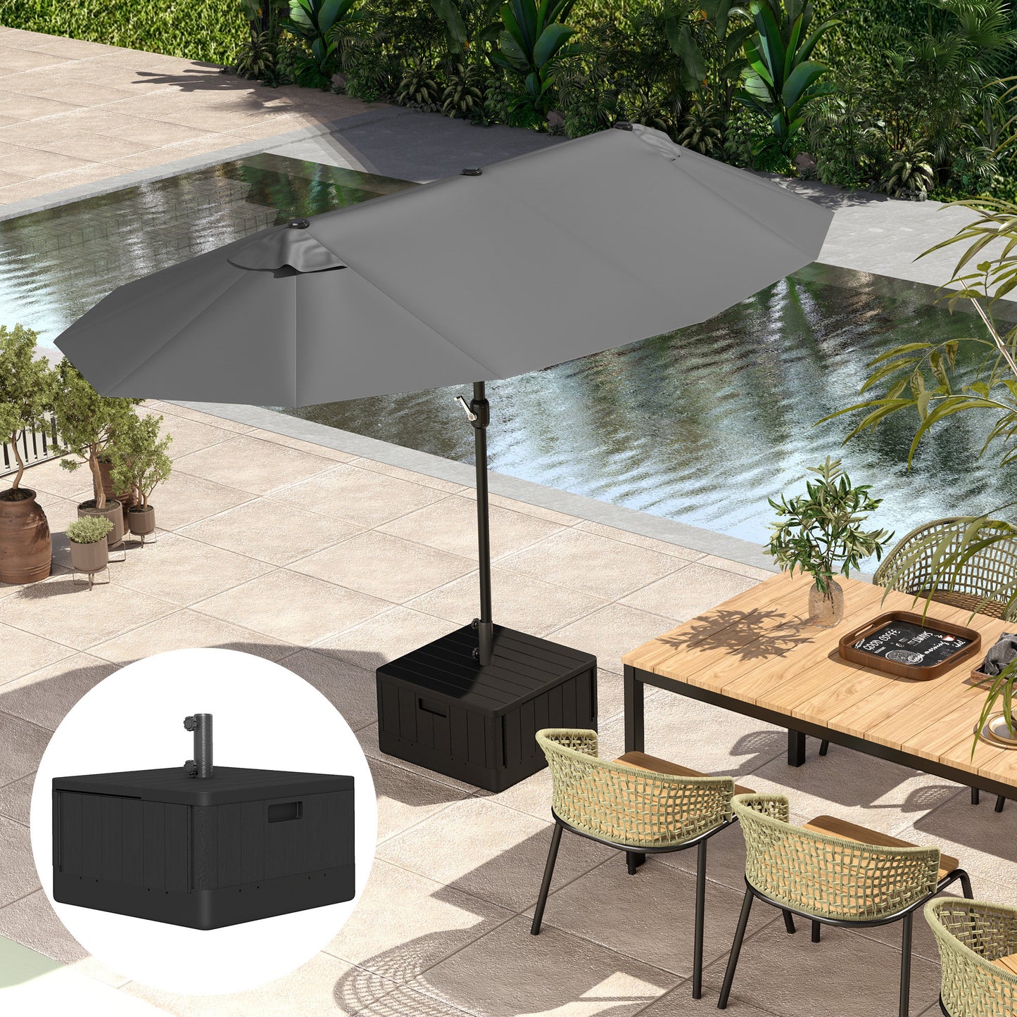 Outsunny Garden Parasol Base with Wheels, Handles, 80kg Stand/50kg Water Fill, Black