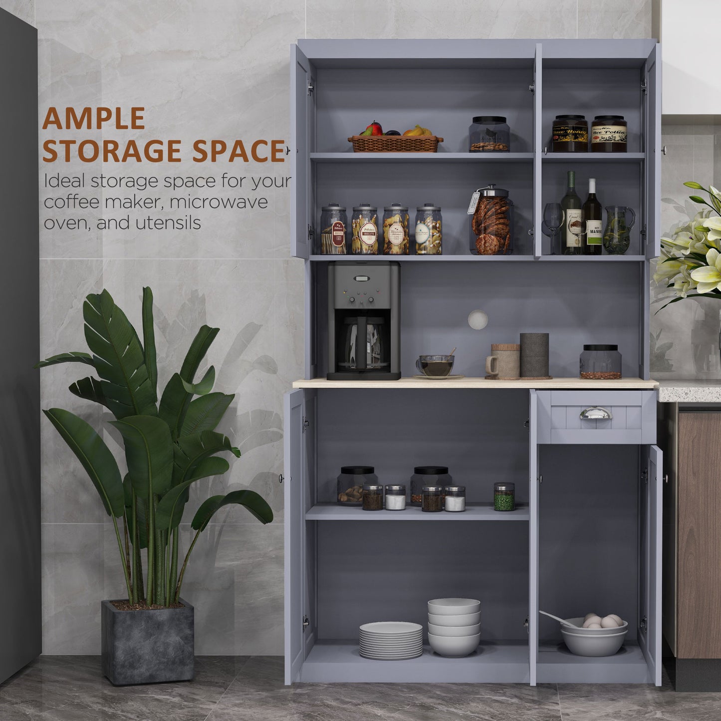 HOMCOM 180cm Freestanding Kitchen Cabinet, Modern Storage Cupboard with Open Countertop, Drawer and 6 Doors, Grey