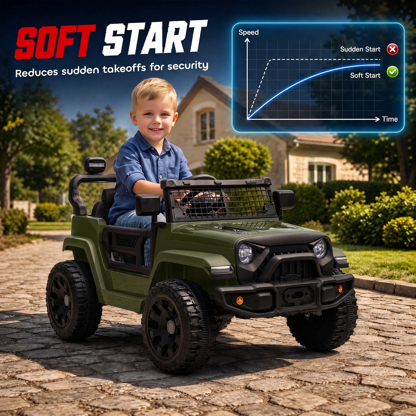 AIYAPLAY 12V Electric Car for Kids with Remote, Dual Motors, Rear Suspension, Soft Start, Music, Lights for 3-8 Years, Dark Green