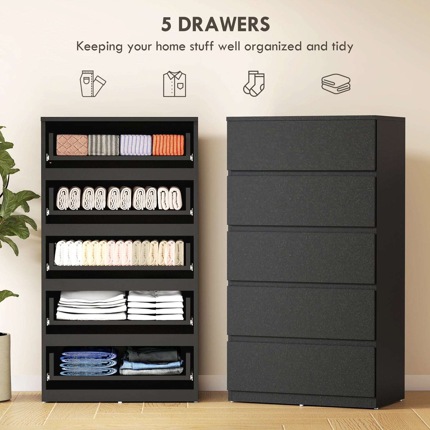 HOMCOM Chest of Drawers, 5-Drawer, Modern Dresser, Storage Drawer Unit for Bedroom