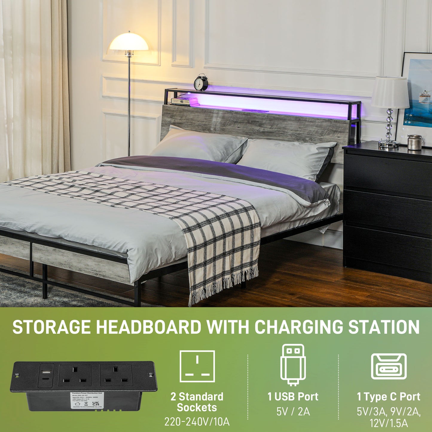 HOMCOM King Steel Bed Frame, with LED Lights and Headboard Shelf - Grey