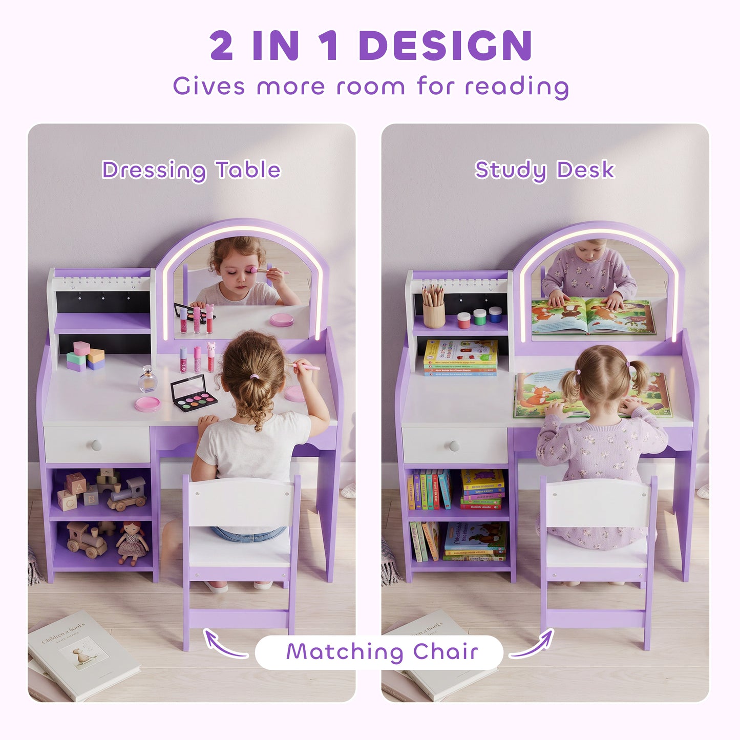 AIYAPLAY Kids Vanity Set, Kids Dressing Table with Stool, 2-Colour Lights Mirror, Pretend Dresser Gift for Ages 3-8, Purple