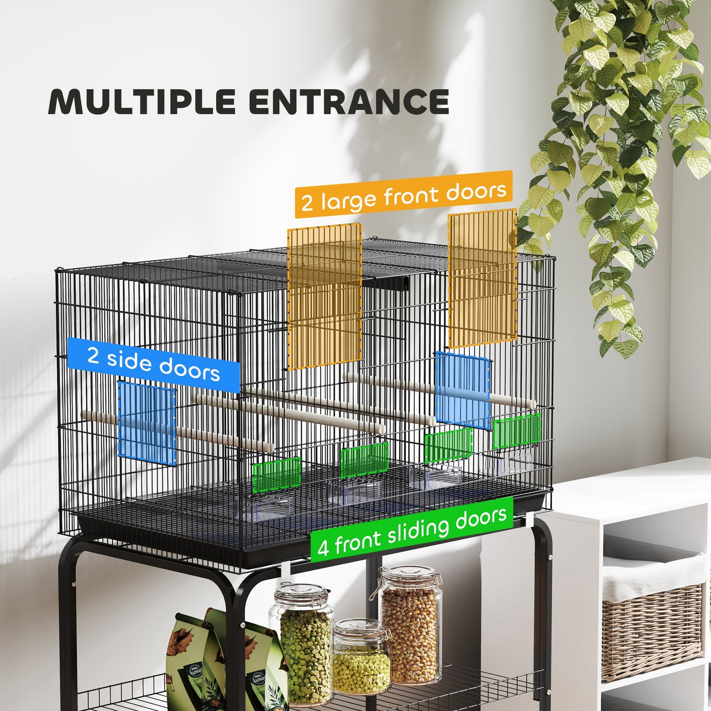 PawHut Bird Cage with Divider, 4 Wooden Perches, Slide Out Tray, 4 Feeders, for Budgie, Lovebird, Canary, 76 x 46 x 116cm Black
