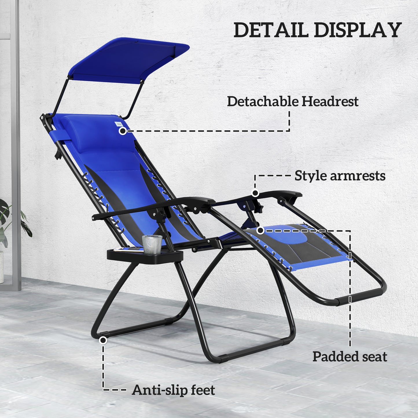 Outsunny Zero Gravity Lounger Chair, Folding Reclining Patio Chair with Shade Cover, Cup Holder, Soft Cushion and Headrest for Poolside, Camping, Blue