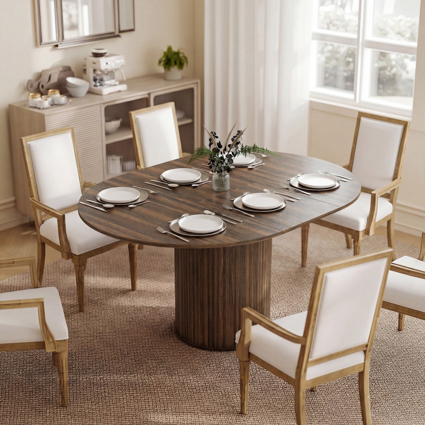 HOMCOM Extendable Round Dining Table Kitchen Table Hidden Leaf Storage Pedestal Base Seats 6-8 110-150 cm Dark Walnut