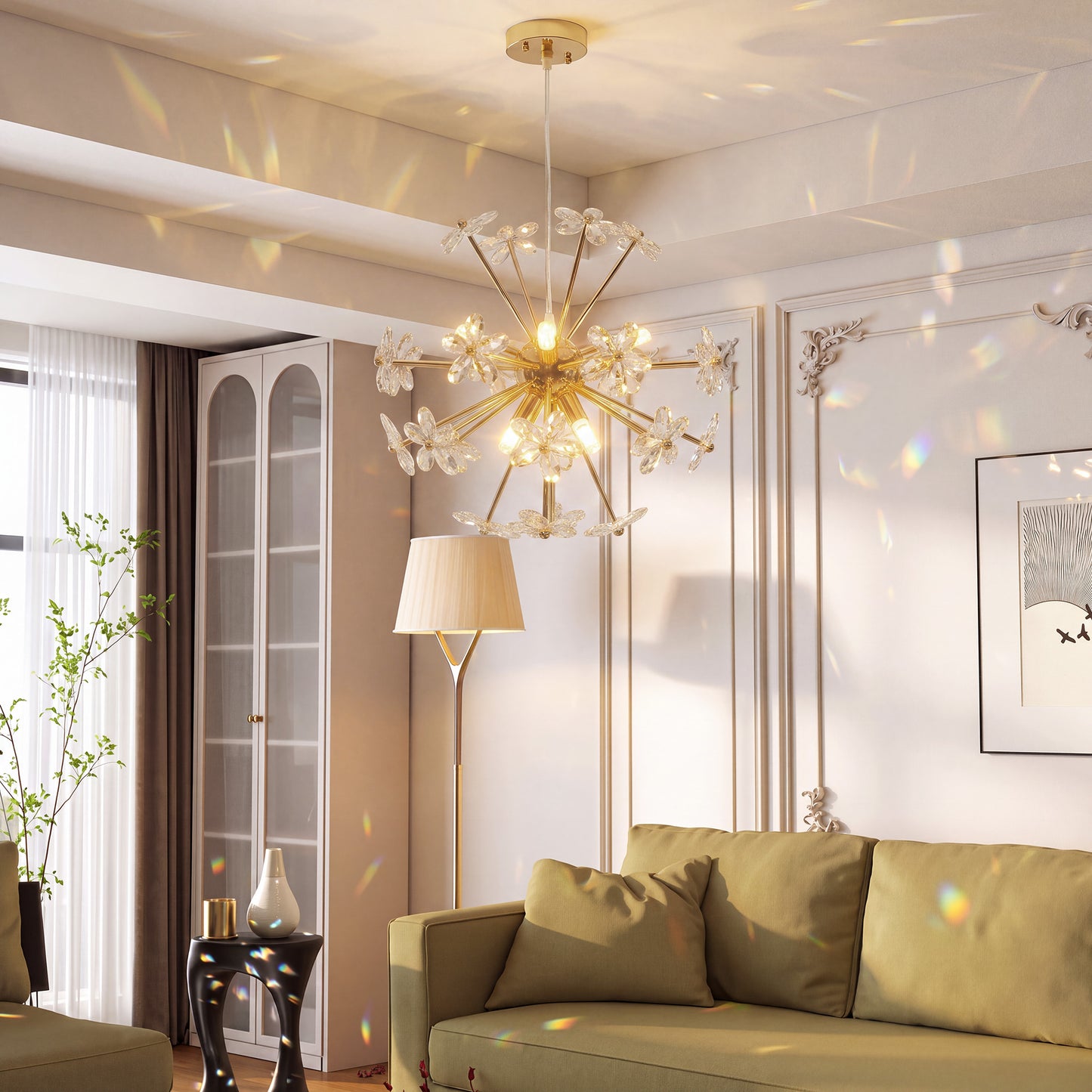 HOMCOM Crystal Chandeliers Ceiling Light with Flower, Modern Pendant Light with Adjustable Height, Ceiling Plate, Clear